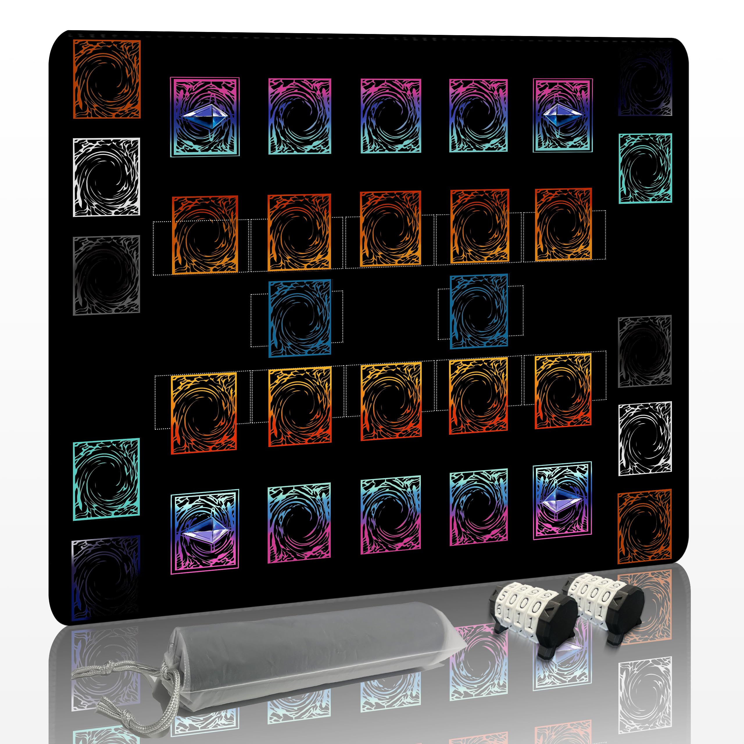 Stitched for Yugioh Playmat, 2-Player,Free Counters*2 & Storage Bag Master Rule Duel Field Zones, Large Card Game Mat, Original Art Designs & Accessories (Basic)