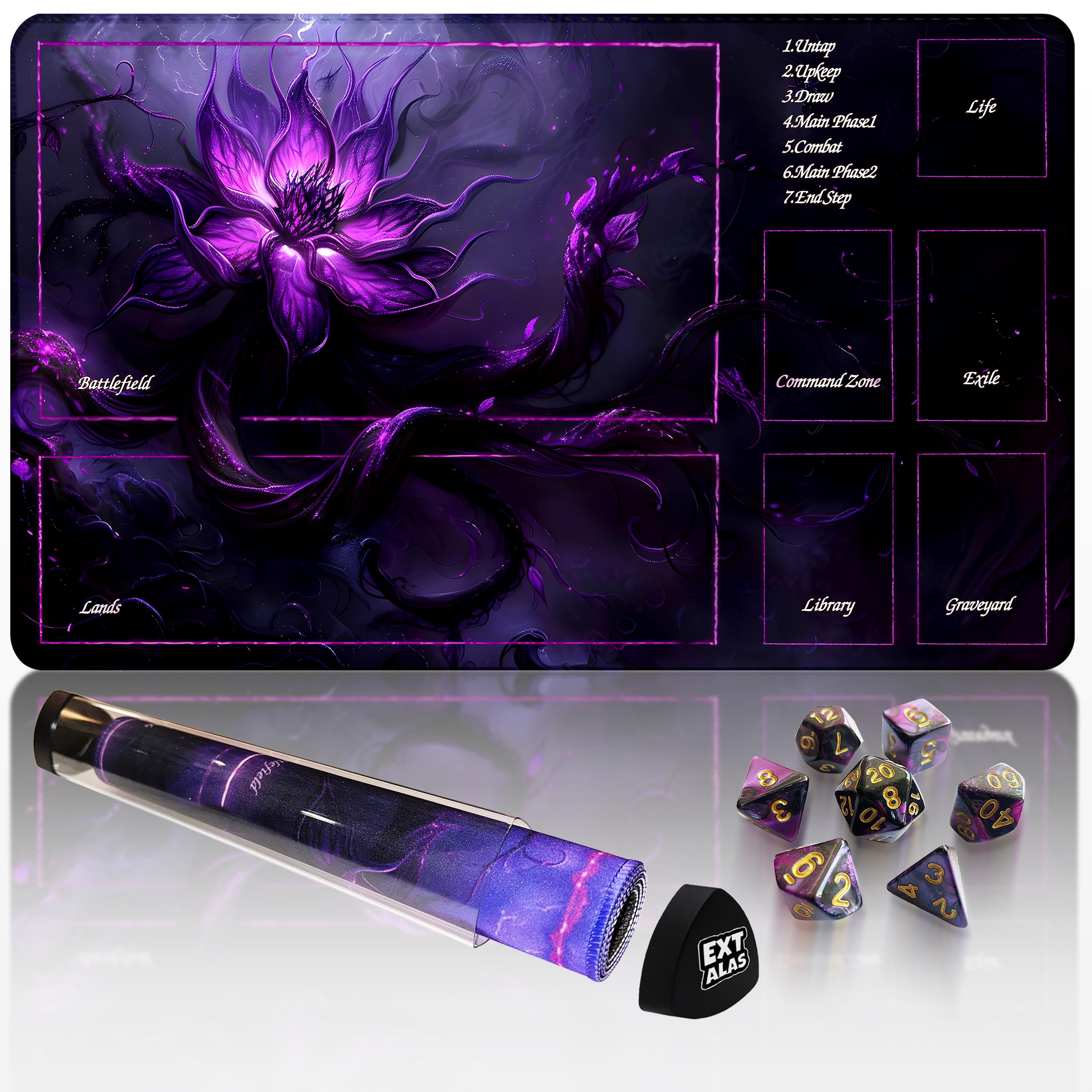 MTG Playmat with Storage Tube & 7-Dice Set - Waterproof TCG Playmat with Stitched Edges, Non-Slip Rubber Card Game Mat (24"x14") (playmat with Zones, Purple Lotus)