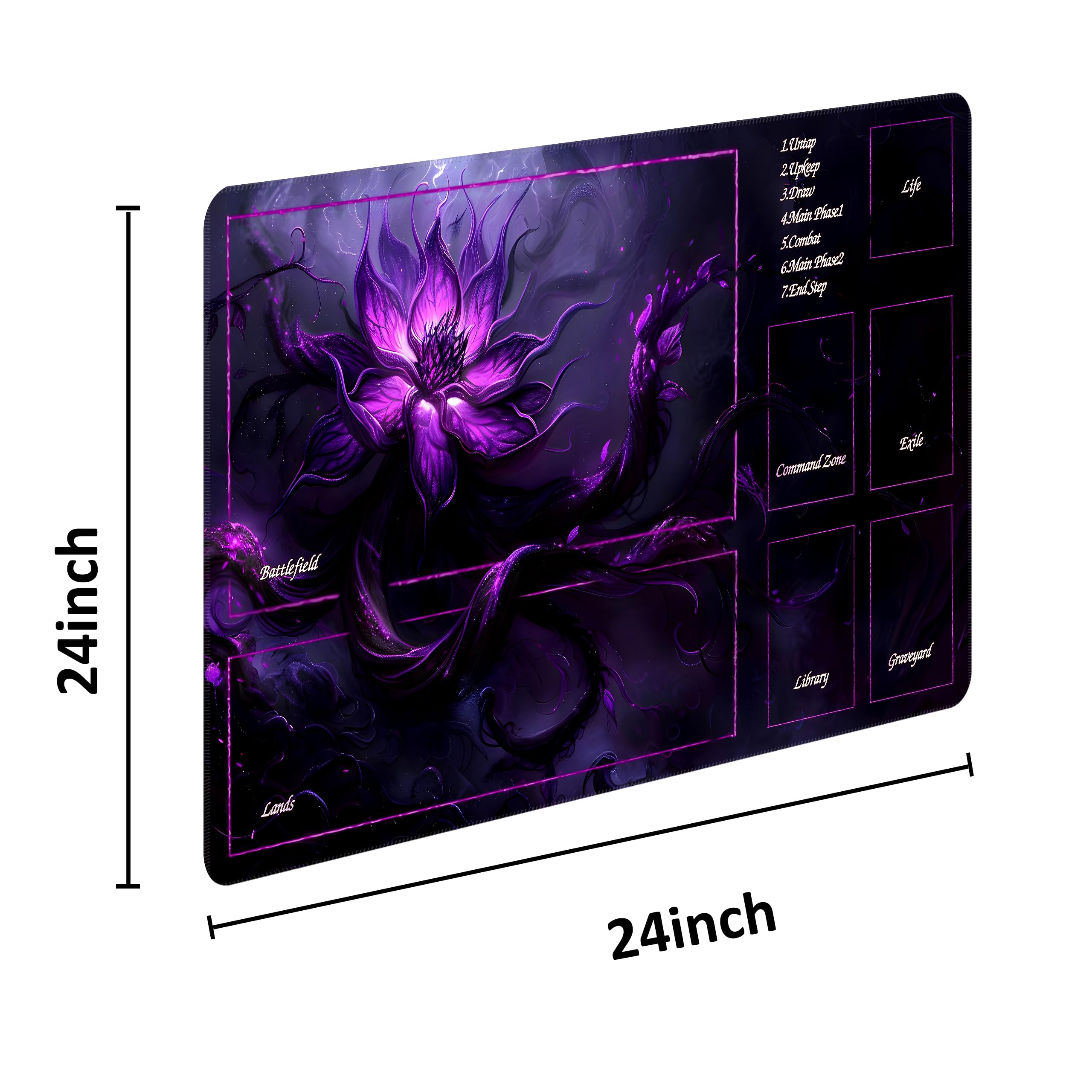 MTG Playmat with Storage Tube & 7-Dice Set - Waterproof TCG Playmat with Stitched Edges, Non-Slip Rubber Card Game Mat (24"x14") (playmat with Zones, Purple Lotus)